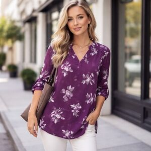 Ricki’s Purple Floral Tunic Blouse Sheer Lightweight Roll Sleeve Top